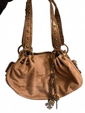 Kathy Van Zeeland Tan Studded Shoulder Bag with Charm Accents